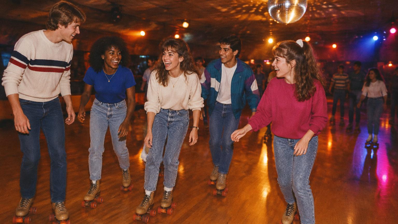 Seniors laughing together on roller skates under a disco ball at a roller rink