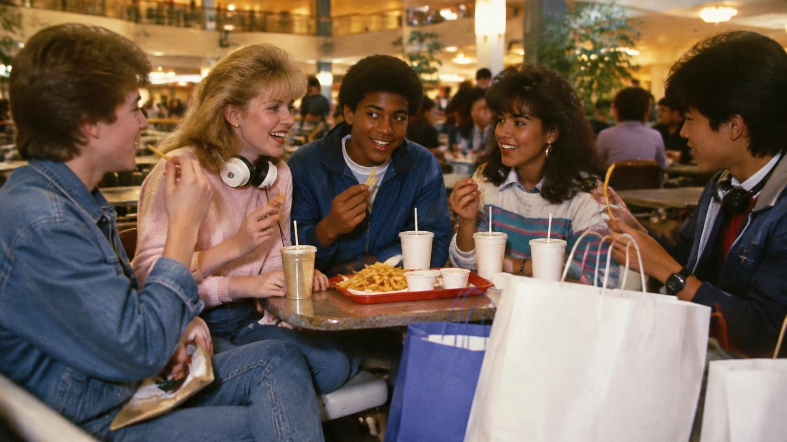 Friends sharing fries at a mall food court with shopping bags and headphones